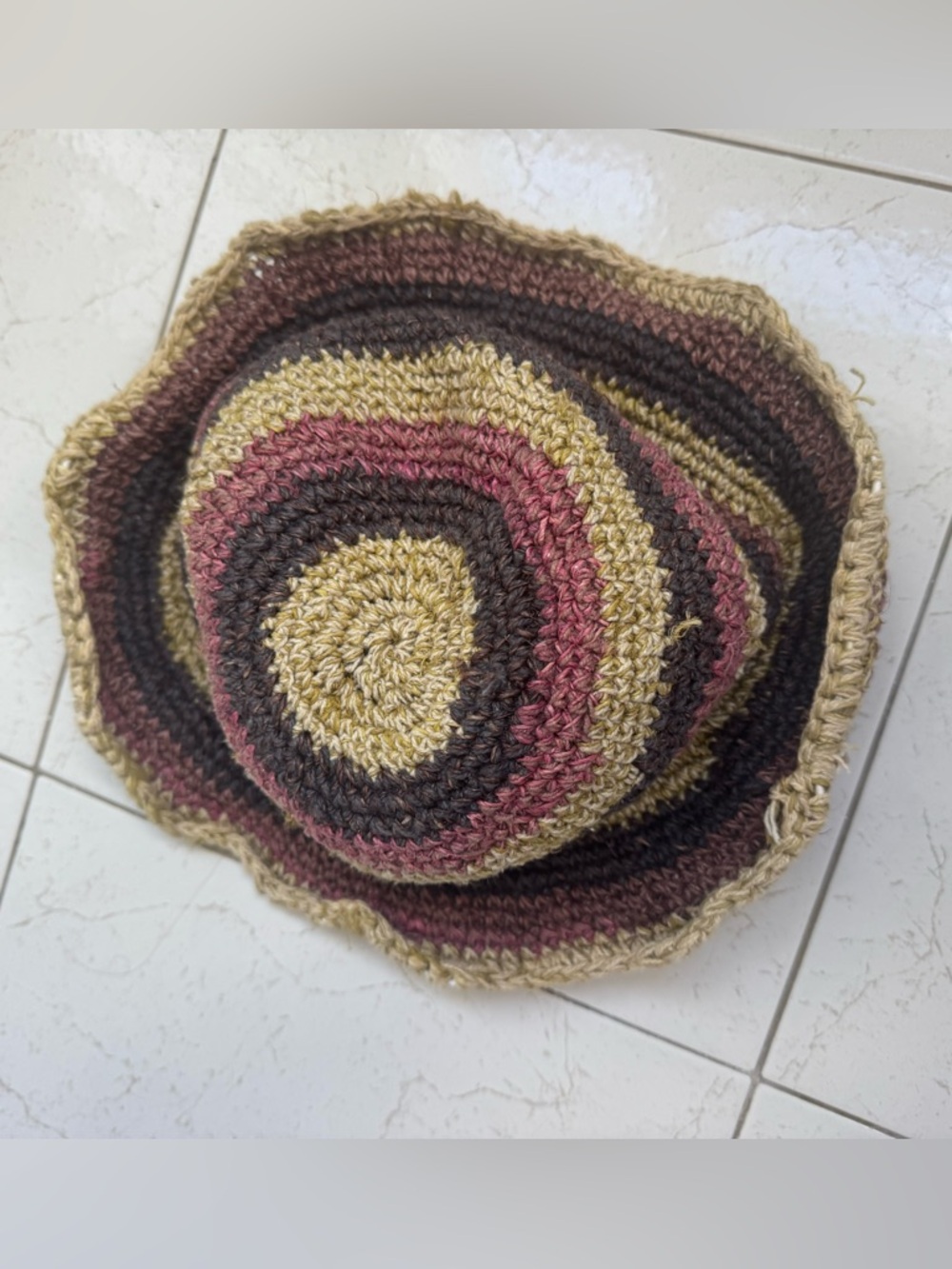 Crocheted Stripe Sun Hat in Brown, Pink, Tan